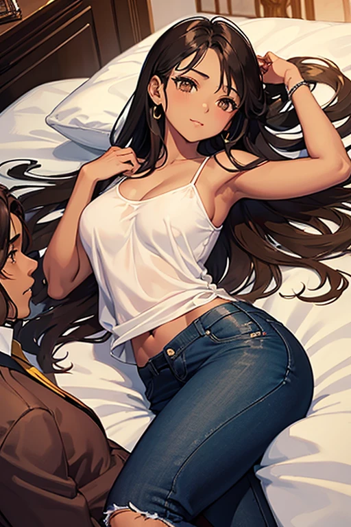 ((best quality)), ((masterpiece)), (Detailed description): A brown-skinned girl with long, luscious locks is the center of attention in this illustration. She is wearing a deep V-neck camisole top that accentuates her decolletage, and her jeans trousers hug her curves in all the right places. The boy, also depicted in detail, is lying with his head resting on the girl's belly, gazing up at her with adoring brown eyes. He is dressed in a well-fitted shirt and trousers. The couple exudes a charming aura, making for a cute and endearing scene. The illustration is rendered in high definition, every detail