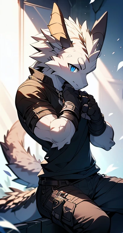 Masterpiece, Cool Pose, Furry Gray Dragon, Medium Strong Body, Blue Eyes, Grey Medium Hair, Combat Black Shirt, Combat Gloves, Combat Pants, Fierce, Good looking