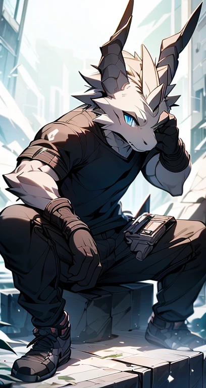 Masterpiece, Cool Pose, Furry Gray Dragon, Medium Strong Body, Blue Eyes, Grey Medium Hair, Combat Black Shirt, Combat Gloves, Combat Pants, Fierce, Good looking