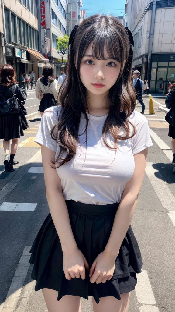 muste piece, best quality, illustration, Super detailed, fine details, High resolution, 8K,wall paper, perfect dynamic composition,(Details High quality, realistic depiction of eyes:1.3), (wavy hair:1.2), street snap, having clothes are worn、tshirts、Black long skirt, ((facing viewer)), at the street in tokyo, Layered Cut, black hair color, Big Natural Color Lip, sexy pose, crying a little、cold gaze, Harajuku style、20 year old girl、cute type、ta, hposing Gravure Idol, full body photo, huge breasts