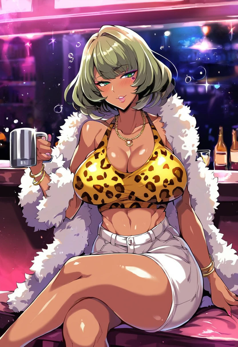 score_9, score_8_up, score_7_up, uncensored, source_anime, 1girl, solo, BREAK takagaki_kaede, gyaru, very dark skin, dark-skinned female, makeup, eyeshadow, face stickers, piercings, tattoos, colored skin, jet-black skin, shiny skin, metalic tan, BREAK, detailed eyes, solo, crop top, jacket, leopard print, fur shawl, blush, crossed leg, sitting, in bar, night time, drunk, holding a tankard
