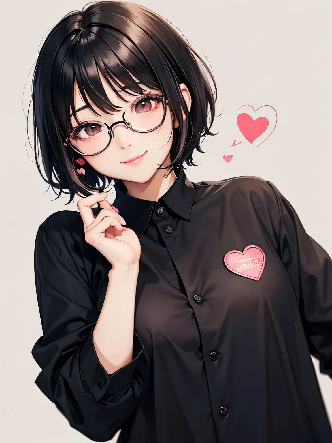Black hair. Short hair. Anime girl. Asian girl. Ulzzang. Glasses. Small breast. Smile. Spoken heart.
