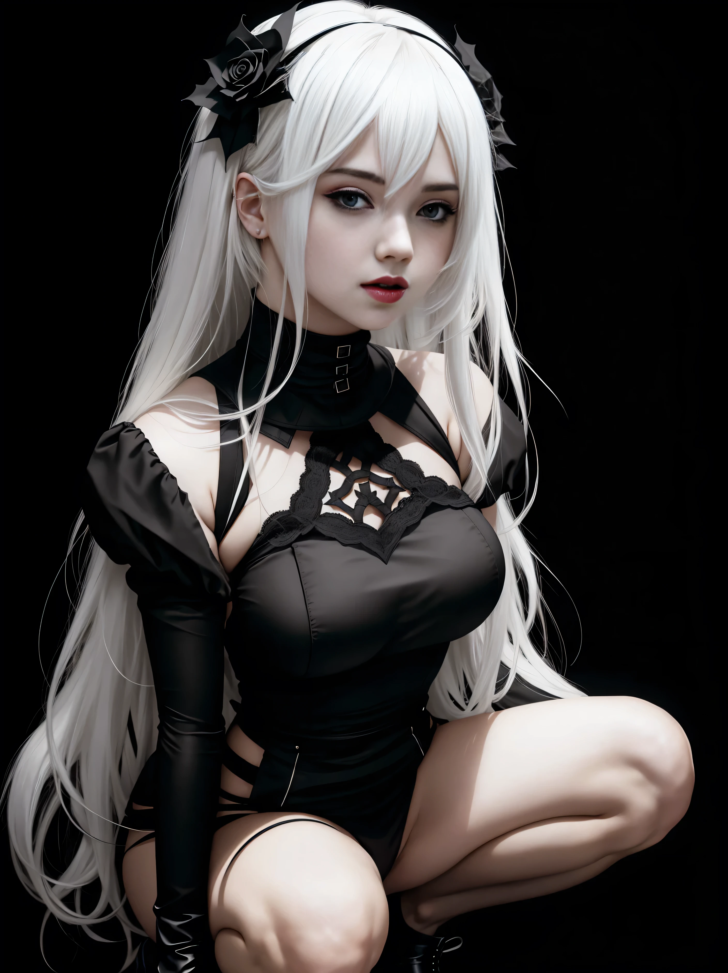 there is YoRHa No. 2 Type B squatting, white hair, alluring expression, very bold, upper  visible, full body photo, standing legs apart, pale translucent glowing skin, most beautiful face, cute, ((dark plain black background:1.4))