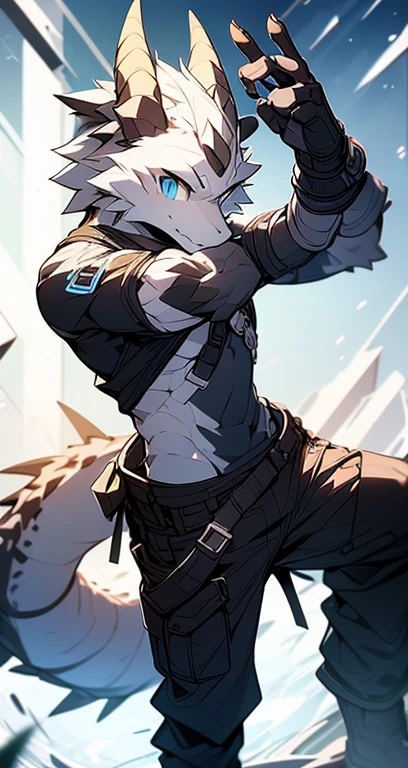 Masterpiece, Cool Pose, Furry Gray Dragon, Medium Strong Body, Blue Eyes, Grey Medium Hair, Combat Black Shirt, Combat Gloves, Combat Pants, Fierce, Good looking
