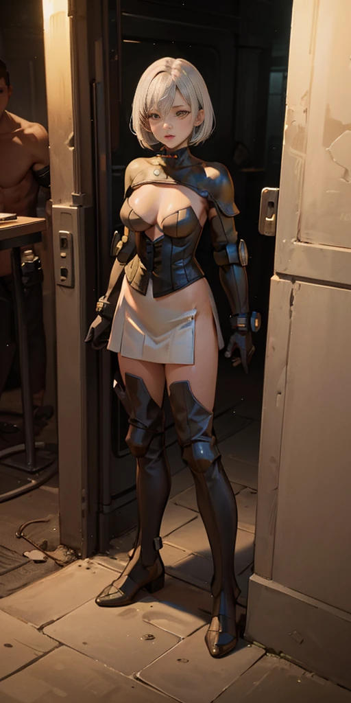 female adventurer white silver short bob hair cut, full body, game art style, (masterpiece), colorful clothing, scarves, leather belts, half skirt over pants and boots, flowing blouse and leather corset, best quality, highres, 4k, 8k, Detailed Illustration, intricate detail, cinematic lighting, amazing quality, 1girl, fit female, amazing shading, soft lighting, facing camera, perfect eyes, gantz suit armor torn apart