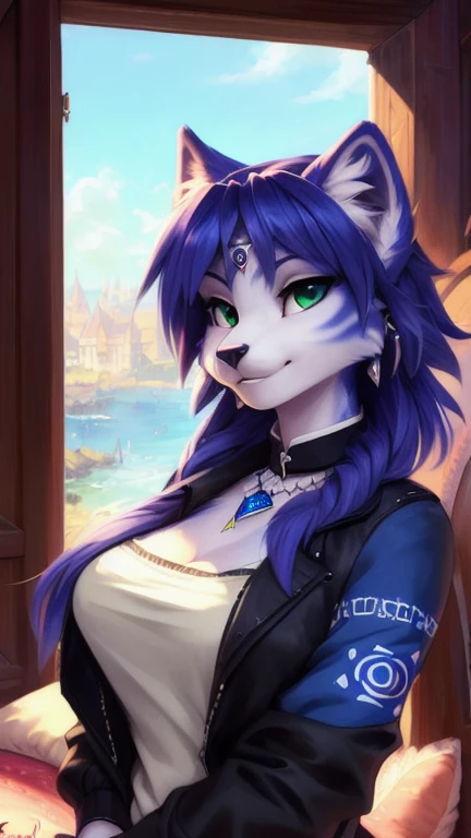 A beautiful and detailed (sweet portrait) von ((Krystal)), Sternenfuchs Krystal, Schlank, liebenswert, green eyes, medium breasts, (((Lange blaue Haare 1.3))), Dekollete, Grinsen, hoch schauen,, anthro, Pelzig, Hochgeladen E621, detailed flauschige fur, (von Fluff-Kevlar, Bayard Wu, personalami, Pino Daeni), detailliertes Gesicht, (flauschige), 1 girl, Allein, auf einem bett liegend, alltagskleidung, heller pullover 1.3, schwarze hose, fernsehen
