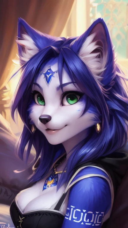 A beautiful and detailed (sweet portrait) von ((Krystal)), Sternenfuchs Krystal, Schlank, liebenswert, green eyes, medium breasts, (((Lange blaue Haare 1.3))), Dekollete, Grinsen, hoch schauen,, anthro, Pelzig, Hochgeladen E621, detailed flauschige fur, (von Fluff-Kevlar, Bayard Wu, personalami, Pino Daeni), detailliertes Gesicht, (flauschige), 1 girl, Allein, auf einem bett liegend, alltagskleidung, heller pullover 1.3, schwarze hose, fernsehen
