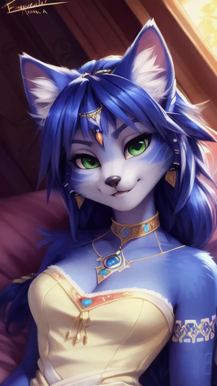 A beautiful and detailed (sweet portrait) von ((Krystal)), Sternenfuchs Krystal, Schlank, liebenswert, green eyes, medium breasts, (((Lange blaue Haare 1.3))), Dekollete, Grinsen, hoch schauen,, anthro, Pelzig, Hochgeladen E621, detailed flauschige fur, (von Fluff-Kevlar, Bayard Wu, personalami, Pino Daeni), detailliertes Gesicht, (flauschige), 1 girl, Allein, auf einem bett liegend, alltagskleidung, heller pullover 1.3, schwarze hose, fernsehen