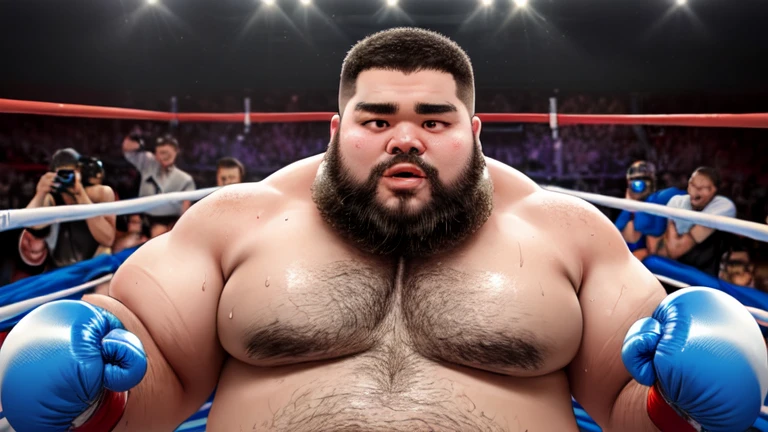 Create realistic images of a boxing match。The subject is、He is a fat man with a beard.。He stands in the center of the boxing ring、Despite having a strong body、His beard and body shape show signs of a normal life.。His eyes are serious、Passion for the game is apparent。The cheers and cheers of the surrounding spectators and coaches echoed throughout the stadium.、Let the heat of the boxing ring be felt。His face was full of concentration、Make sure you feel determined to play the game.。Lights and smoke on the ring、Sweat splashing, etc.、It is desirable to incorporate elements that emphasize the realism of the match.。The generated image is、It gives you a sense of realism, as if you were at the game.、It's visually impressive。