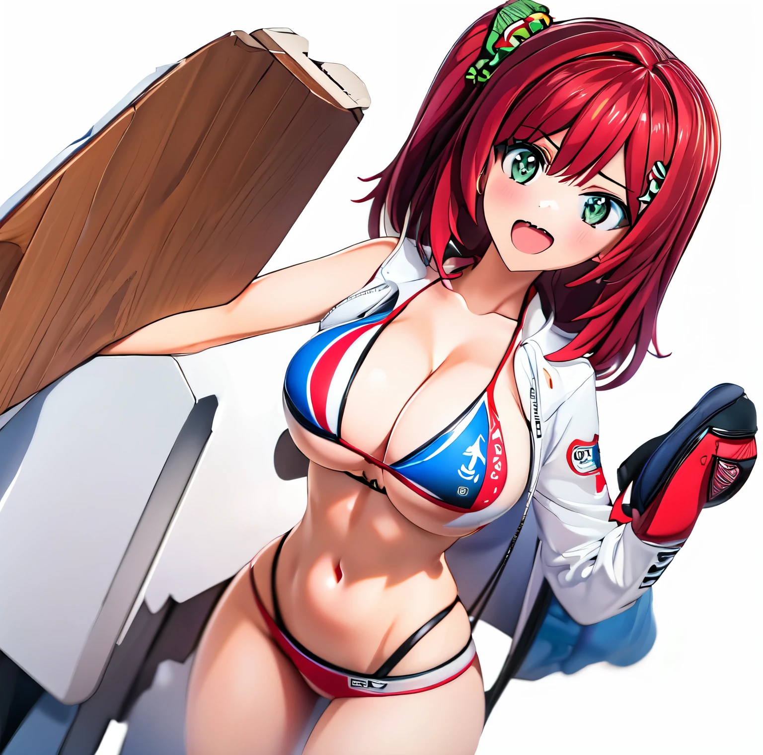 best quality, masterpiece, extremely detailed CG, official art , professional lighting, sakimiyairuka, red hair, green eyes,(one side up), medium hair, side ponytail, green scrunchie, hair ornament, perfect face, shiny skin, bikini, character focus