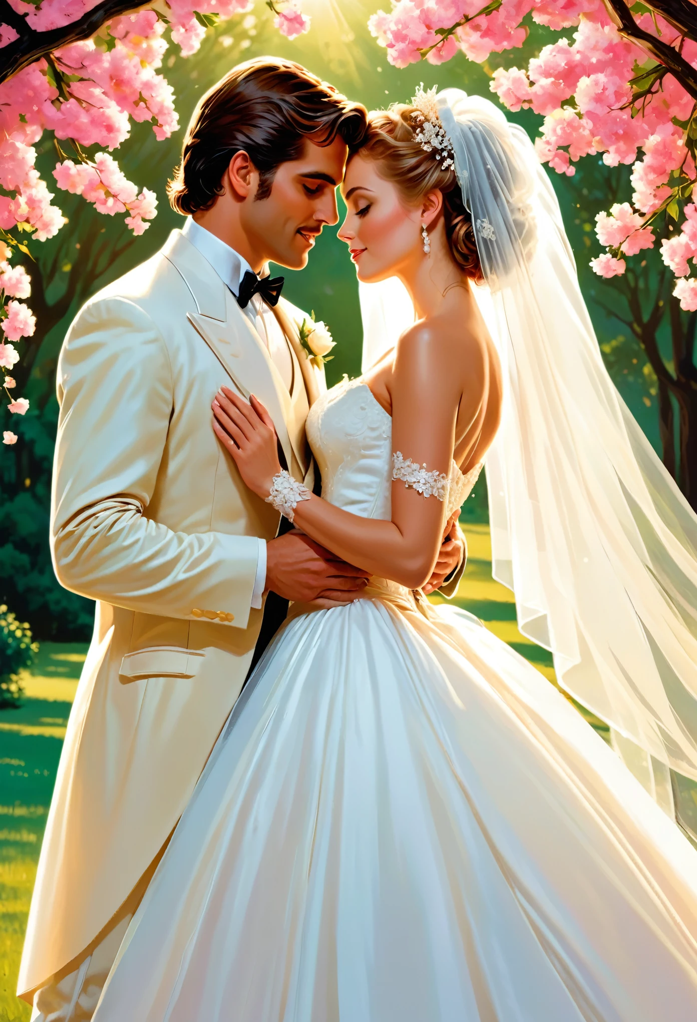 wedding poster with bride and groom, romance Cover of the novel, romance book cover style, romance book cover, Cover of the novel art for a book, art cover illustration, Cover of the novel, book cover illustration, art concept for a book cover, cover illustration, 1980s romance book cover, magazine art cover illustration, book cover!!!!!!!!!!!!, Cover design