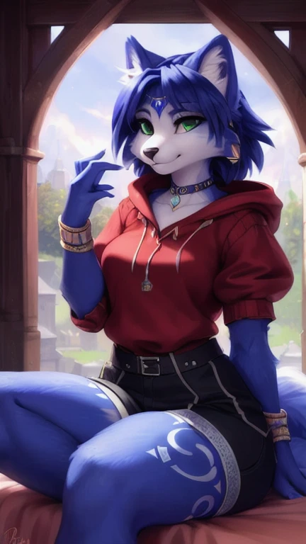 A beautiful and detailed (sweet portrait) von ((Krystal)), Sternenfuchs Krystal, Schlank, liebenswert, green eyes, medium breasts, (((Lange blaue Haare 1.3))), Dekollete, Grinsen, hoch schauen,, anthro, Pelzig, Hochgeladen E621, detailed flauschige fur, (von Fluff-Kevlar, Bayard Wu, personalami, Pino Daeni), detailliertes Gesicht, (flauschige), 1 girl, Allein, auf einem bett liegend, alltagskleidung, heller pullover 1.3, schwarze hose, fernsehen