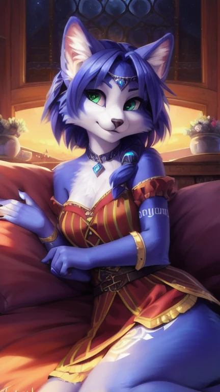 A beautiful and detailed (sweet portrait) von ((Krystal)), Sternenfuchs Krystal, Schlank, liebenswert, green eyes, medium breasts, (((Lange blaue Haare 1.3))), Dekollete, Grinsen, hoch schauen,, anthro, Pelzig, Hochgeladen E621, detailed flauschige fur, (von Fluff-Kevlar, Bayard Wu, personalami, Pino Daeni), detailliertes Gesicht, (flauschige), 1 girl, Allein, auf einem bett liegend, alltagskleidung, heller pullover 1.3, schwarze hose, fernsehen