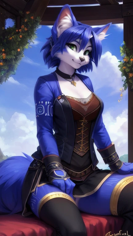 A beautiful and detailed (sweet portrait) von ((Krystal)), Sternenfuchs Krystal, Schlank, liebenswert, green eyes, medium breasts, (((Lange blaue Haare 1.3))),  Dekollete, Grinsen, hoch schauen,, anthro, Pelzig, Hochgeladen E621, detailed flauschige fur, (von Fluff-Kevlar, Bayard Wu, personalami, Pino Daeni), detailliertes Gesicht, (flauschige), 1 girl, Allein, auf einem bett liegend, alltagskleidung, heller pullover 1.3, schwarze hose, fernsehen