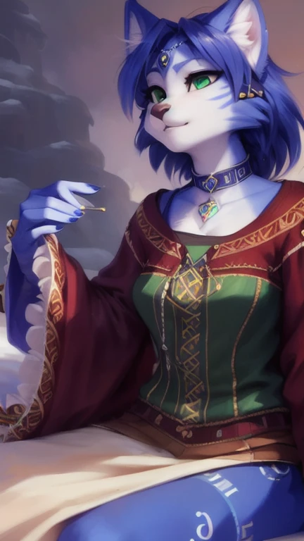 A beautiful and detailed (sweet portrait) von ((Krystal)), Sternenfuchs Krystal, Schlank, liebenswert, green eyes, medium breasts, (((Lange blaue Haare 1.3))),  Dekollete, Grinsen, hoch schauen,, anthro, Pelzig, Hochgeladen E621, detailed flauschige fur, (von Fluff-Kevlar, Bayard Wu, personalami, Pino Daeni), detailliertes Gesicht, (flauschige), 1 girl, Allein, auf einem bett liegend, alltagskleidung, heller pullover 1.3, schwarze hose, fernsehen