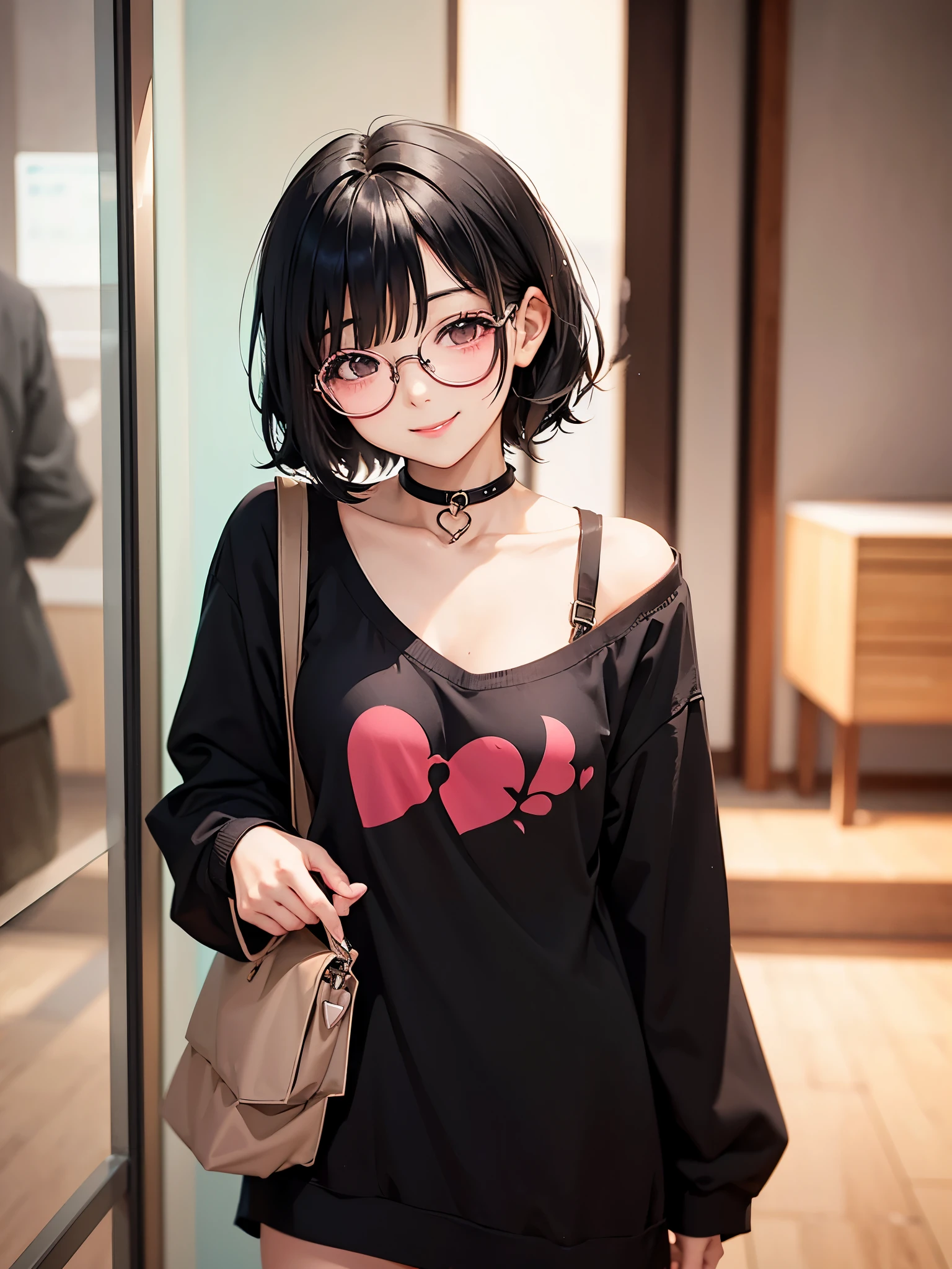 Black hair. Short hair. Anime girl. Asian girl. Ulzzang. Glasses. Small breast. Smile. Spoken heart.