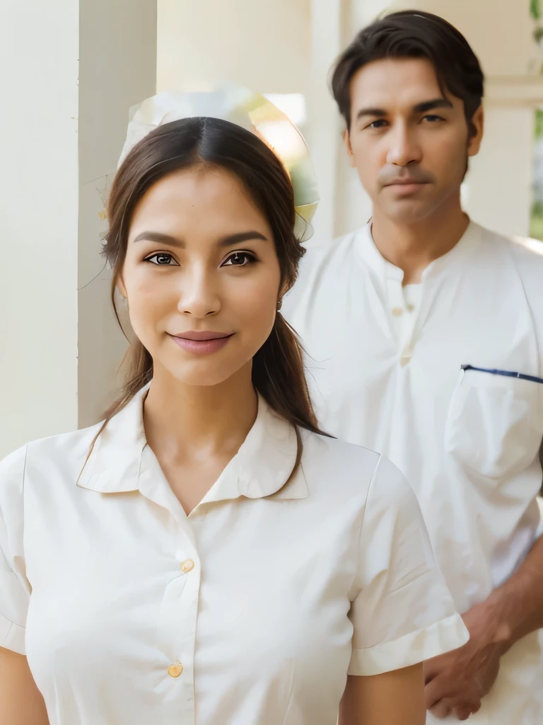 (highres,realistic,portrait),(Mexican facial features:1.1),light brown skin,black hair,beautiful detailed eyes,beautiful detailed lips,fine wrinkles on the face,medium nose,longeyelashes,(35 or 45 year old),casual attire,endearing smile,relaxed posture,standing in a vibrant garden,with colorful flowers and lush greenery,soft sunlight streaming through the leaves,peaceful and joyful atmosphere,impressionism style,rich and warm color tones,soft lighting,confident and graceful demeanor. The nurse wears a nurse's cap. Smile kindly