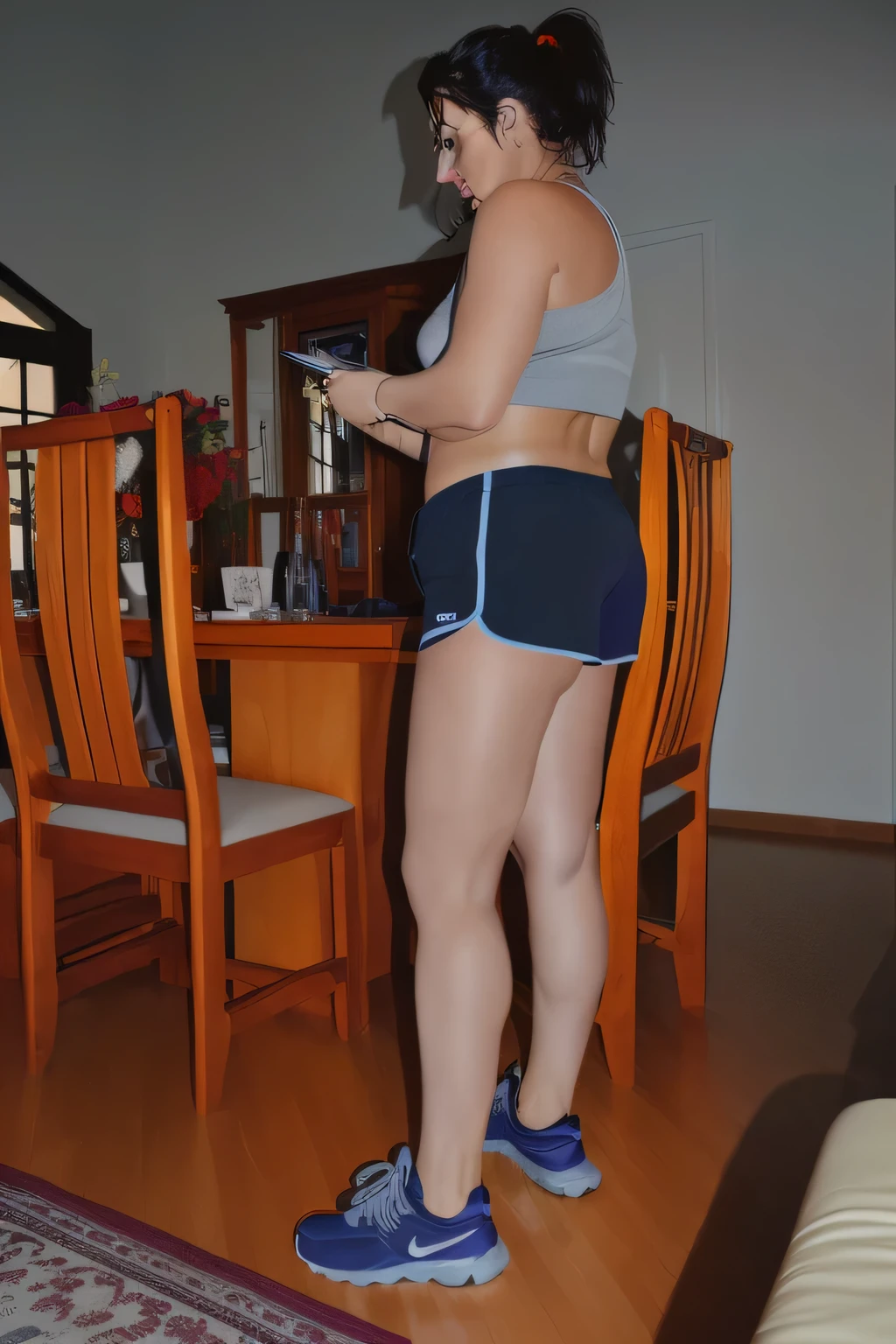 there is a woman standing in a room with a cell phone, sports bra and dark blue shorts, side photo, in shorts, legs visible, side pose, legs and arms, leg and thigh photo, sexy girl wearing shorts, leg photo and hips, toned legs, leg photo, thick legs, photo from behind, back kick, sports bra and shorts The person appears focused on their activity, indicating an interest in exercising or maintaining flexibility. Beautiful woman, extremely sexy, very sensual. (ultra quality masterpiece) with toned body, 35 years old, 1.62 tall, 60 kg, best quality, perfect face, perfect mouth, perfect hands, (((black hair))), is standing, ( full body) wearing a tank top (((grey-blue mixed top)) )), very short blue shorts (((short black shorts)))), dark brown hair, short dark blue shorts for gym training, tanned body , sexy pose, shapely legs, well defined, high contrast, Ultra HD, 16K. tanned body, sexy pose, shapely, well-defined legs, high contrast, Ultra HD, 16K. Photorealistic, detailed and realistic hands, 5 fingers per hand, dark hair, full body photo, clear and high quality photo. Masterpiece: 1.3, high resolution, (photographically realistic), 8k, NUDE, NUDITY, NFSW.