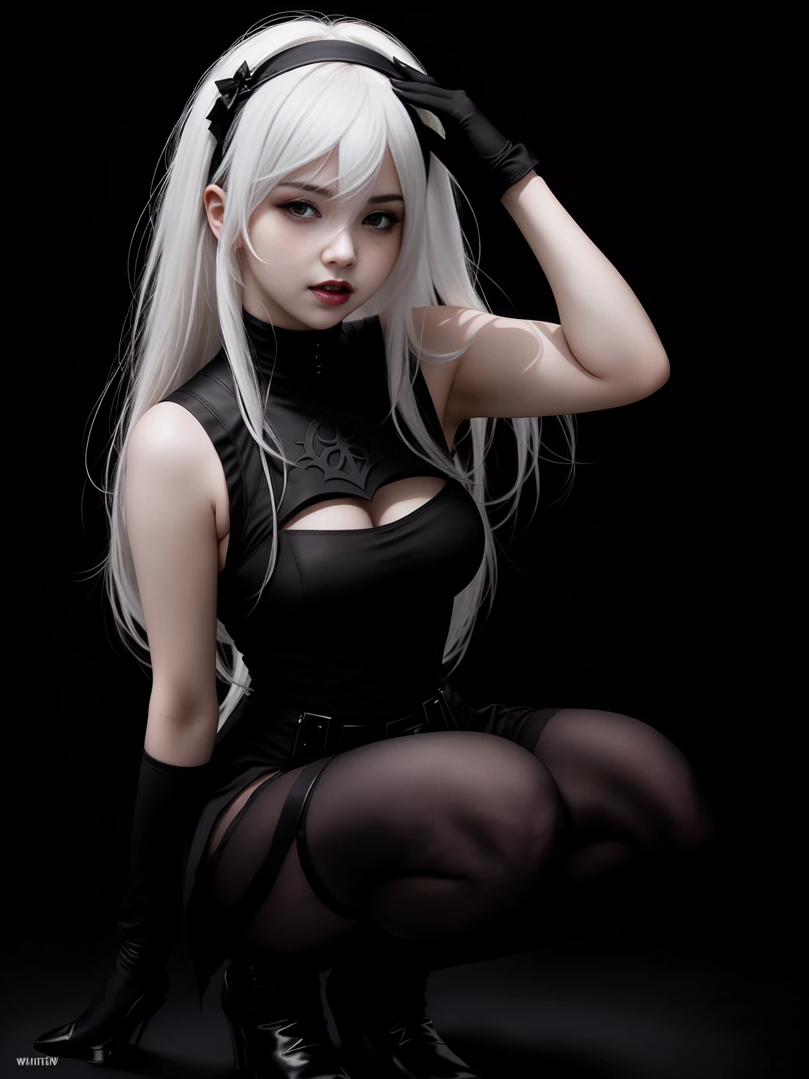 there is YoRHa No. 2 Type B squatting, white hair, alluring expression, very bold, upper visible, full body photo, standing legs apart, pale translucent glowing skin, most beautiful face, cute, ((dark plain black background:1.4))