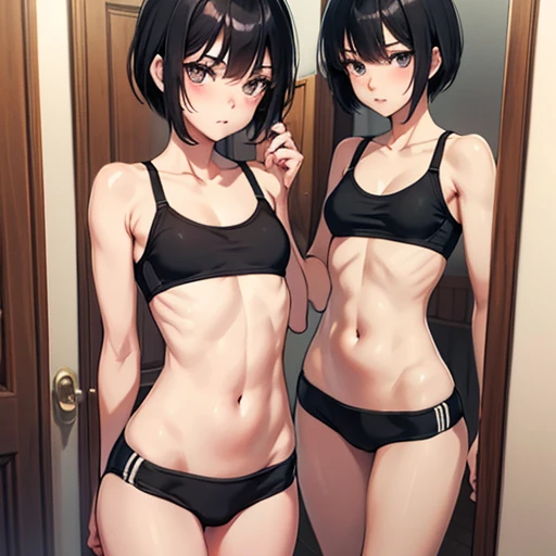 Slender, pretty high school girl, happy to see her whole body in the mirror. Just a few muscles streaks visible, short black hair, small breasts, under wear