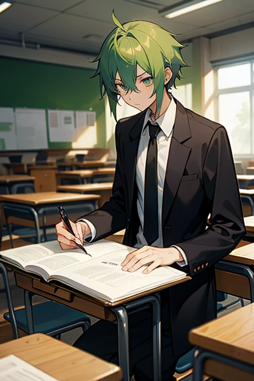 Green hair anime guy in a classroom with his friends. Notebooks lying around, black jacket, brown tie. Slim. White skin. Near him his friends with red, blue, yellow, black hairs.