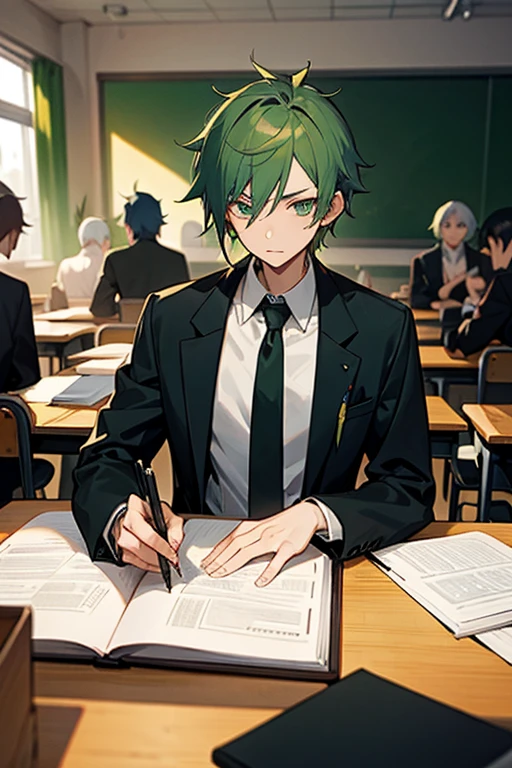 Green hair anime guy in a classroom with his friends. Notebooks lying around, black jacket, brown tie. Slim. White skin. Near him his friends with red, blue, yellow, black hairs.