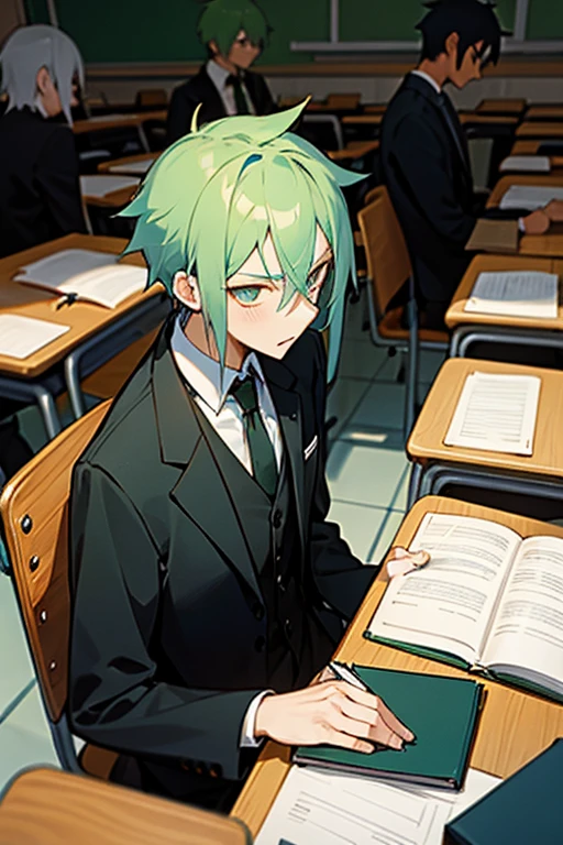 Green hair anime guy in a classroom with his friends. Notebooks lying around, black jacket, brown tie. Slim. White skin. Near him his friends with red, blue, yellow, black hairs.