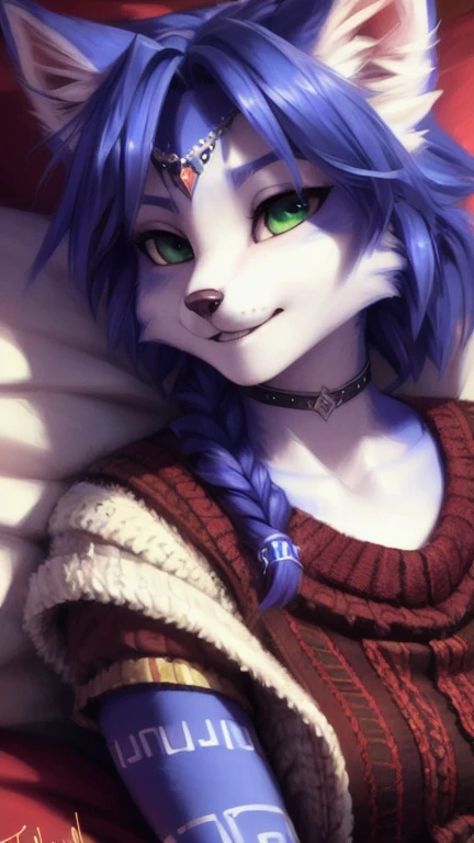 A beautiful and detailed (sweet portrait) von ((Krystal)), Sternenfuchs Krystal, Schlank, liebenswert, green eyes, medium breasts, (((Lange blaue Haare mit schwarzen spitzen 1.3))), Dekollete, Grinsen, hoch schauen,, anthro, Pelzig, Hochgeladen E621, detailed flauschige fur, (von Fluff-Kevlar, Bayard Wu, personalami, Pino Daeni), detailliertes Gesicht, (flauschige), 1 girl, Allein, auf einem bett liegend, alltagskleidung, heller pullover 1.3, schwarze hose, fernsehen