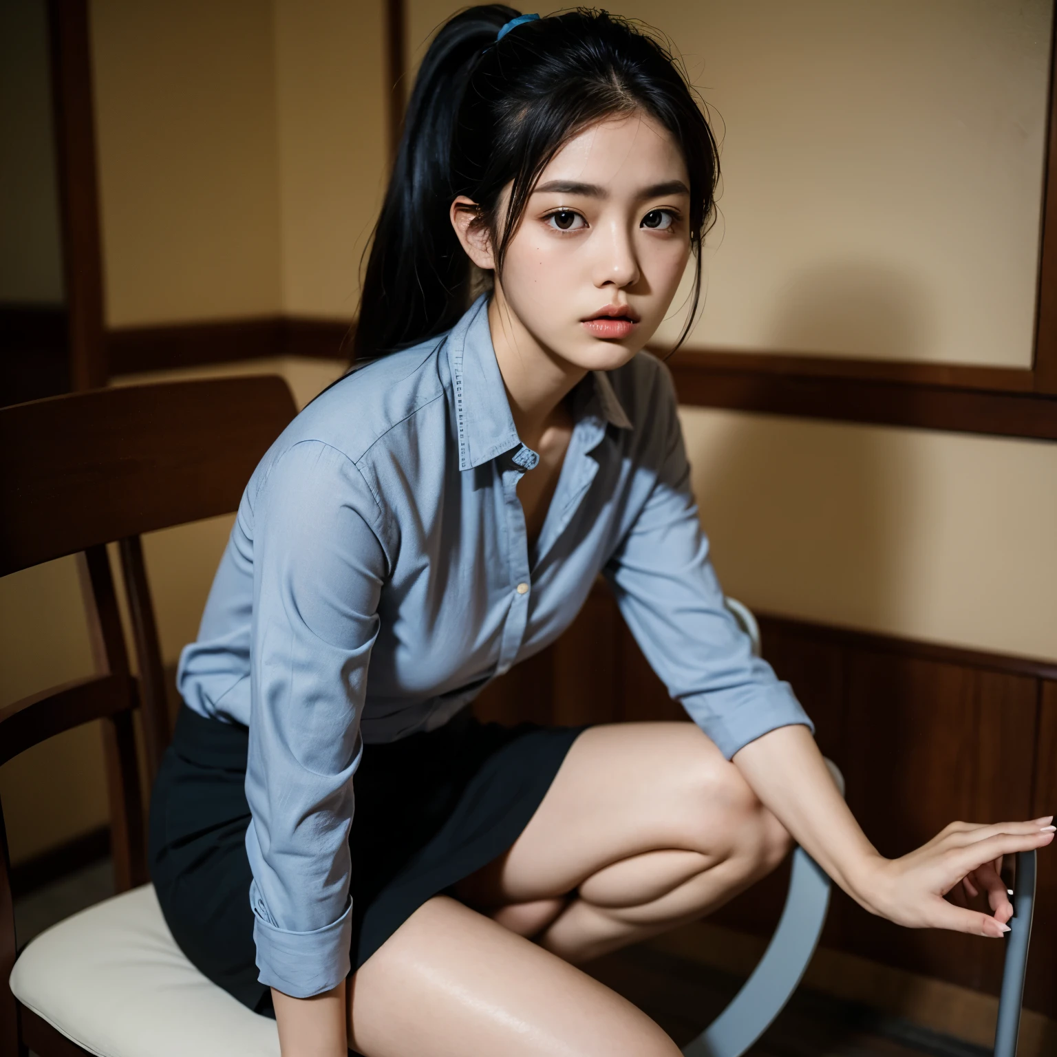 Actual photo、Highest im年 quality、Beautiful woman、Beautiful thighs、Beautiful Face、Uniform Ponytail、Yuriko Yoshitaka、Japanese women、pretty girl、skirt、Beautiful thighs、pumps、Sit on a chair、front、（Open your knees:1.4)、Panty shot、