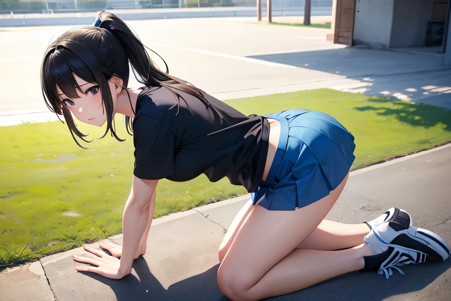 (best quality,4k,8k,highres,masterpiece:1.2),ultra-detailed,(realistic,photorealistic,photo-realistic:1.37),ponytail,black hair,high school girl,mini skirt,poolside, all fours,sideways angle,sunlight,bright colored clothes,slightly exposed necklin, Place your hands on the floor to support yourself、Tight T-shirt、Blue Skirt