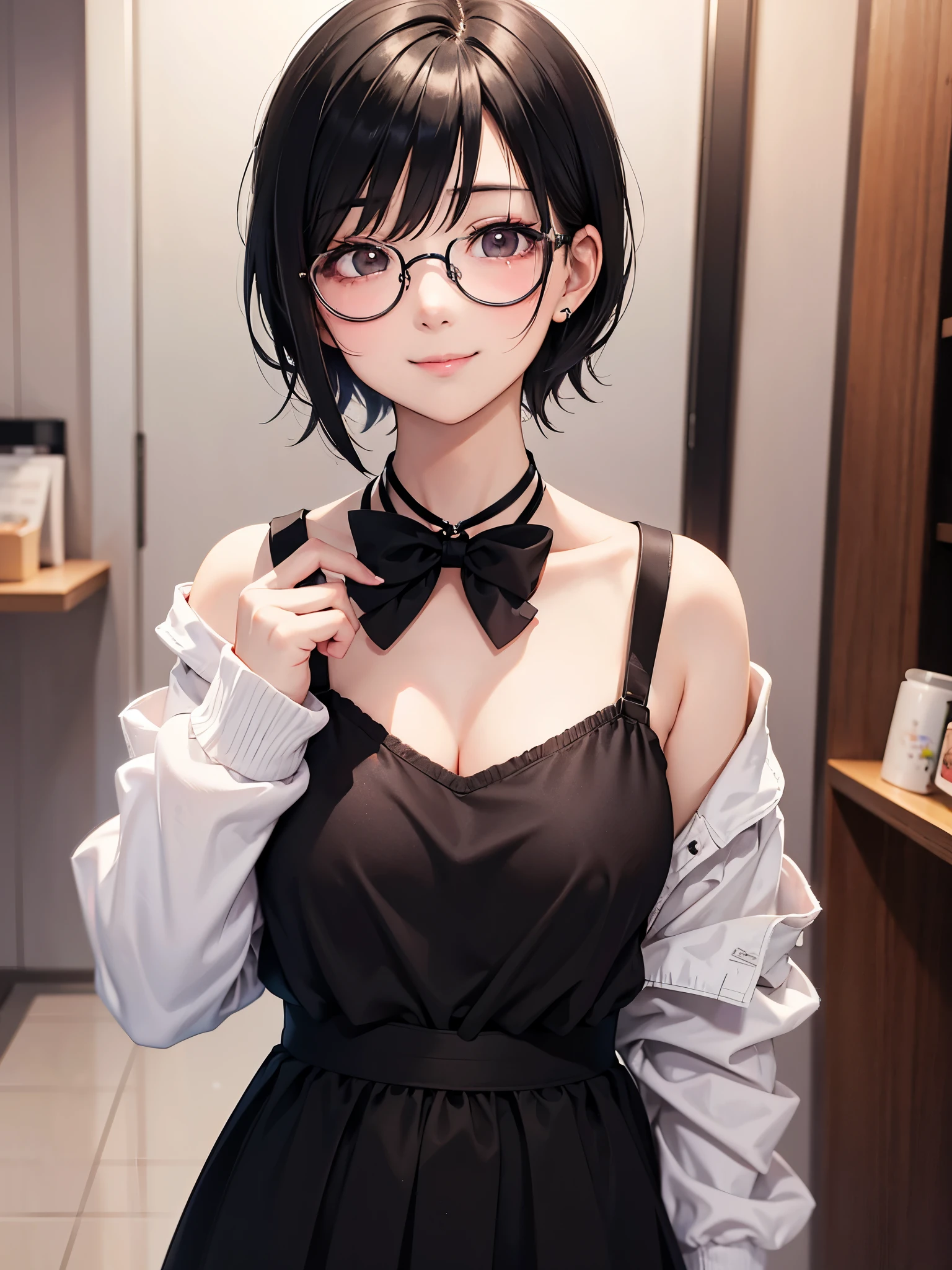 Black hair. Short hair. Anime girl. Asian girl. Ulzzang. Glasses. Small breast. Smile. Spoken heart. 