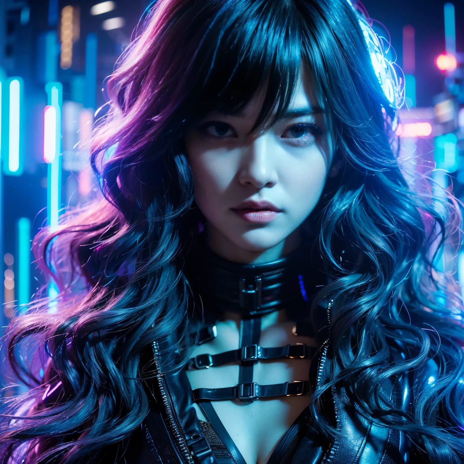 (Long black wavy hair with blue and purple neon lighting:1.2),(Full body photo:1.2) Best image quality, masterpiece, Ultra-high resolution, (Faithfulness:1.4), ((Cyberpunk characters)), Japanese women, Very beautiful face, Skinny, Small breasts,  Cyber Costume, Futuristic, ((Award-winning, ultra-realistic photography))，(Hyper Detail），(Intricate details），(High resolution CGI artwork 8k), LED Light, Atmospheric lighting, Illuminated by neon lights, (Dark city night、Black Background:1.4)