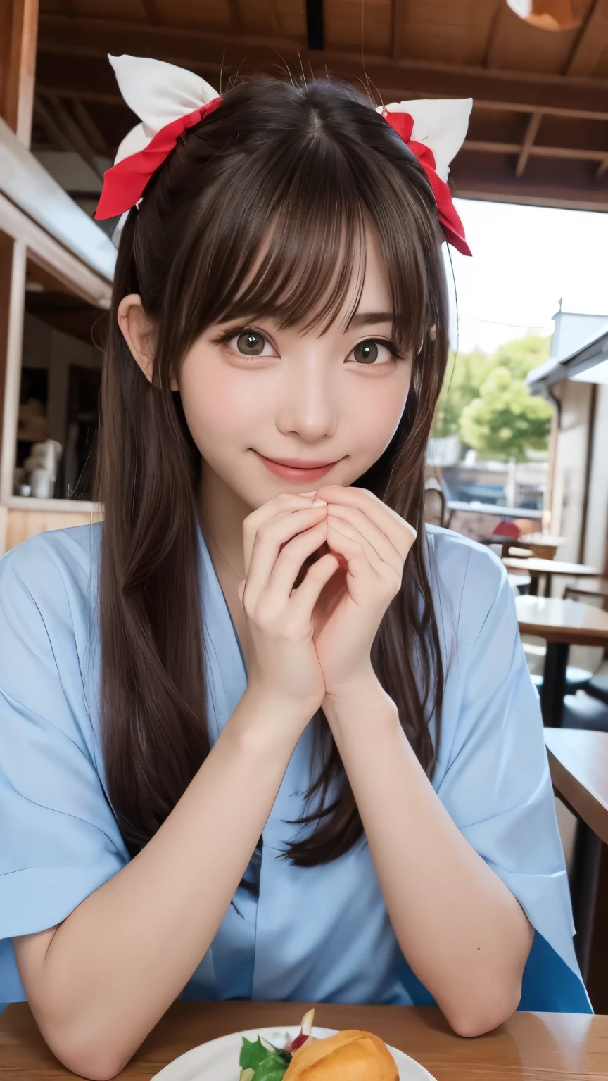 Girl in a dream.I have long colorful hair.Wearing Shrine Maiden clothes.It's a rock band.Notes flying around.It is an illustration of the highest quality.It is a beautiful illustration.Very colorful.big eyes,Viewer's perspective,she is at cafe, randam pose,Squatting cowgirl position, angle of view,    (nose blush:1.2), Light smile,