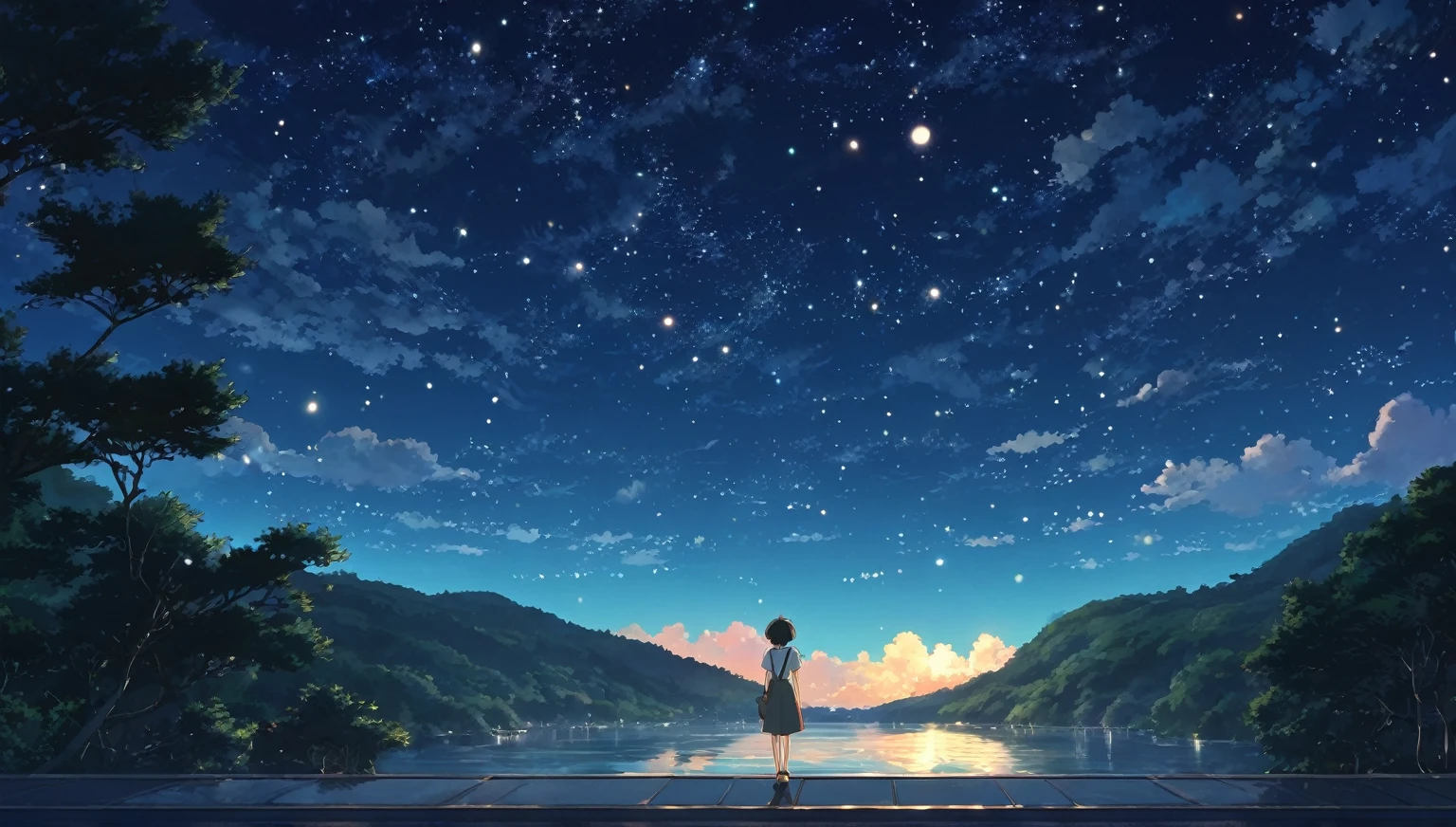 summer night,starry sky,dark light,Ghibli style, high quality