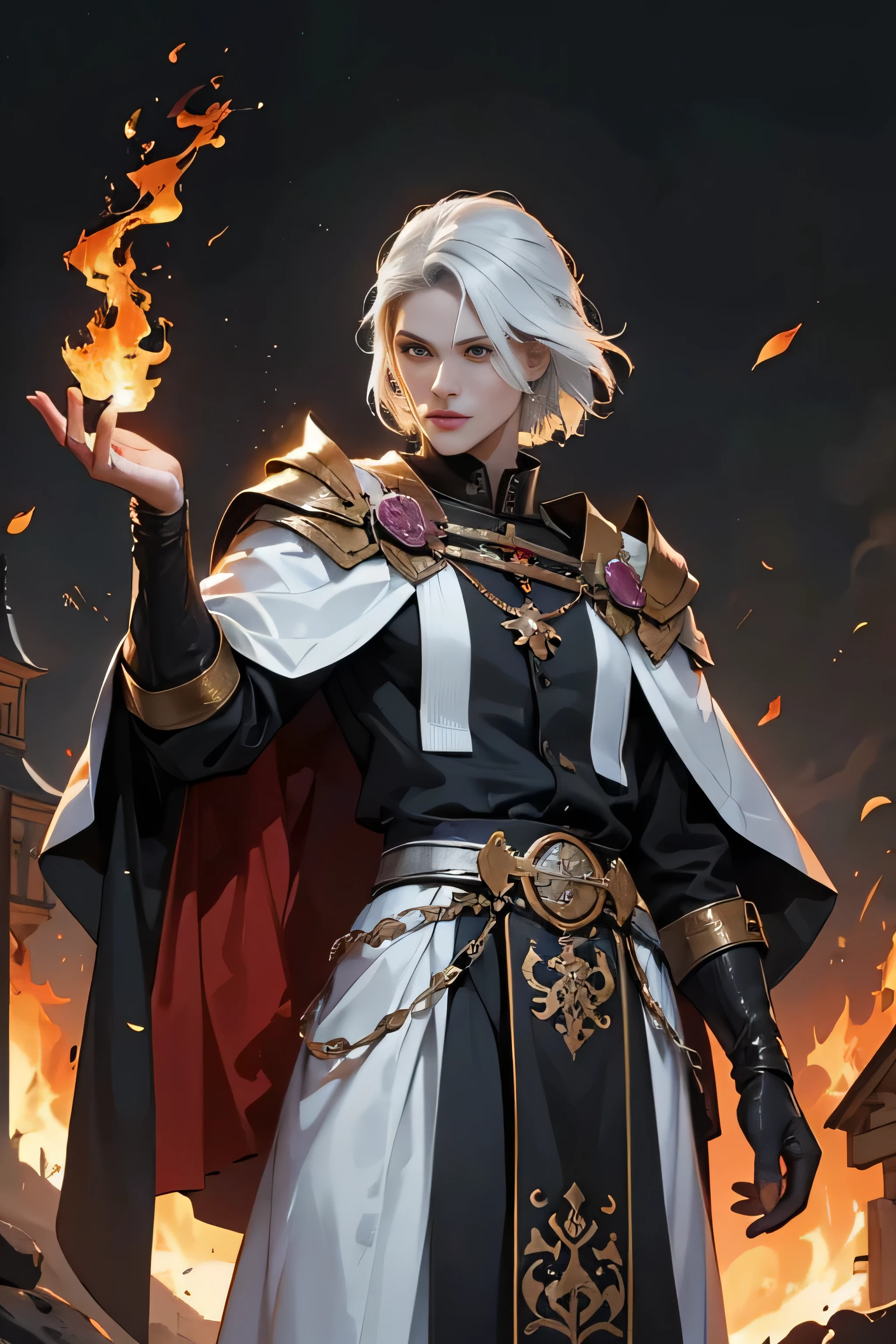 um feiticeiro homem, roupa de feiticeiro, fogo por todo lado, escritas arcana, olhos azuis, cabelos pretos, roupas com desenhos de escrituras, castelo ao fundo, Fire manipulation, fire in hands, olhos azuis, corpo inteiro, vestindo uma bata, barbas longas.olhos azuis, cabelos pretos,olhos azuis, cabelos pretos,olhos azuis, cabelos pretos.