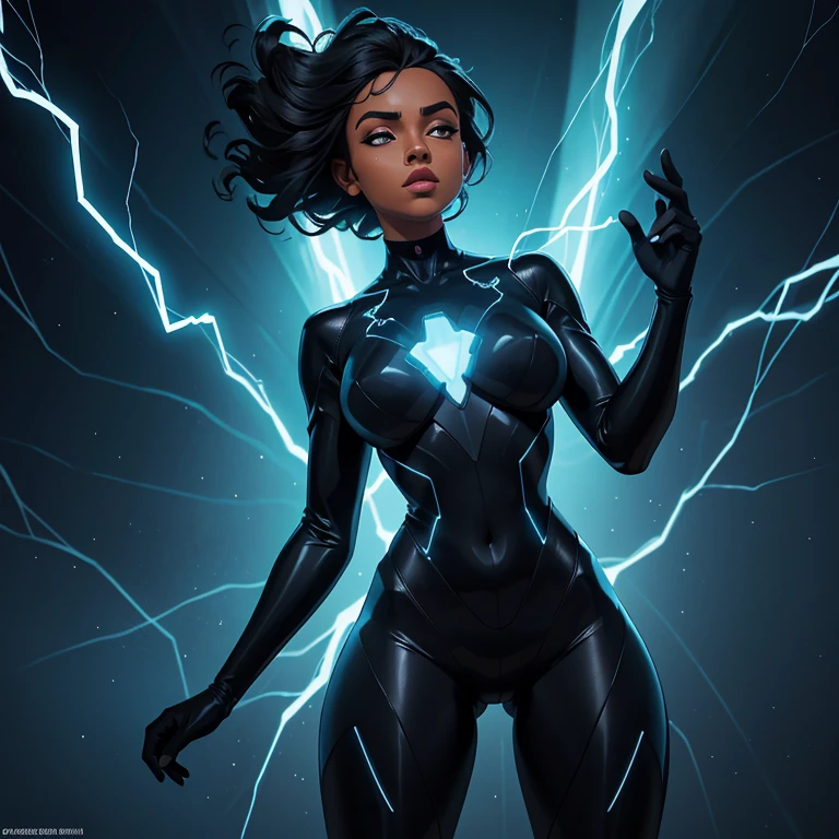 Uma garota negra, com o rosto obscurecido, vestindo um traje preto com raios azuis brilhantes emanando dele.
The figure is a digital artistic representation.
The figure&#39;s face is obscured by an opaque brown rectangle.
The figure is dressed in a tight black outfit that covers the neck and shoulders.
Bright blue rays of electricity are visible on the suit and in the background., giving a feeling of power or energy.
The figure&#39;s hair is stylized and voluminous, com cachos bem definidos.
The background is dark, highlighting the figure and the blue electric rays With the eyes a little closed