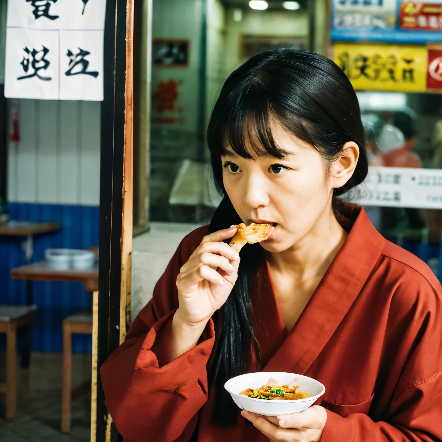 A woman eating oden in Okinawa