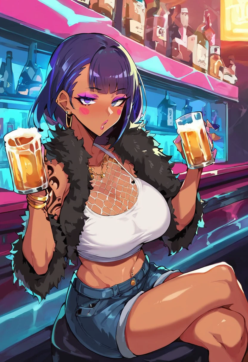 score_9, score_8_up, score_7_up, uncensored, source_anime, 1girl, solo, BREAK raiden_shougun, gyaru, very dark skin, dark-skinned female, makeup, eyeshadow, face stickers, piercings, tattoos, colored skin, jet-black skin, shiny skin, metalic tan, BREAK, detailed eyes, solo, crop top, jacket, leopard print, fur shawl, blush, crossed leg, sitting, in bar, night time, drunk, holding a tankard