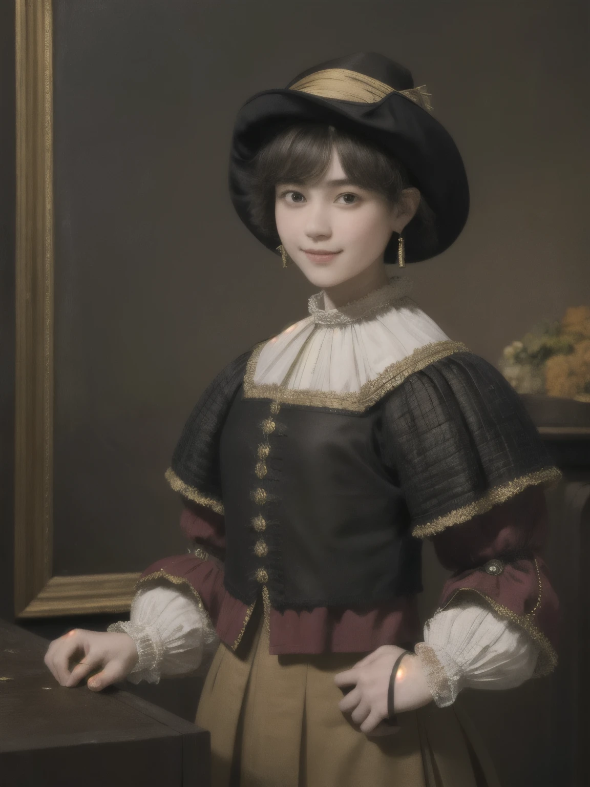 221 Short Hair, 20-year-old woman, A kind smile, (Luxurious stables), (Rembrandt-style painting), (Focus on the face, Written boundary depth)