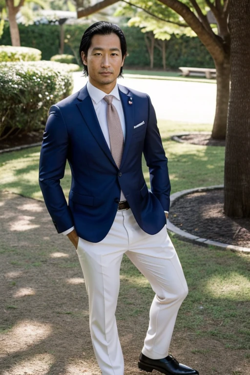 Japanese businessman, gordinho e atarracado, de 36 anos, ex-jogador de rugby, com cabelo curto e barba curta, in a suit and tie and competitive white swim pants, sentado em um banco em um parque tranquilo.