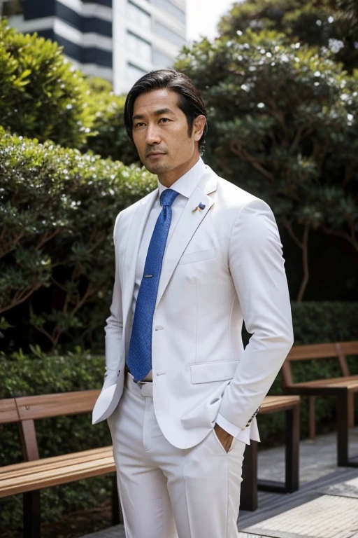 Japanese businessman, gordinho e atarracado, de 36 anos, ex-jogador de rugby, com cabelo curto e barba curta, in a suit and tie and competitive white swim pants, sentado em um banco em um parque tranquilo.