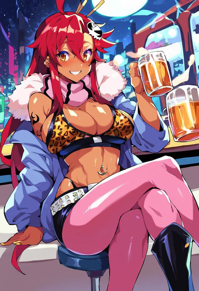 score_9, score_8_up, score_7_up, uncensored, source_anime, 1girl, solo, BREAK yoko_littner, gyaru, very dark skin, dark-skinned female, makeup, eyeshadow, face stickers, piercings, tattoos, colored skin, jet-black skin, shiny skin, metalic tan, BREAK, detailed eyes, solo, crop top, jacket, leopard print, fur shawl, blush, crossed leg, sitting, in bar, night time, drunk, holding a tankard