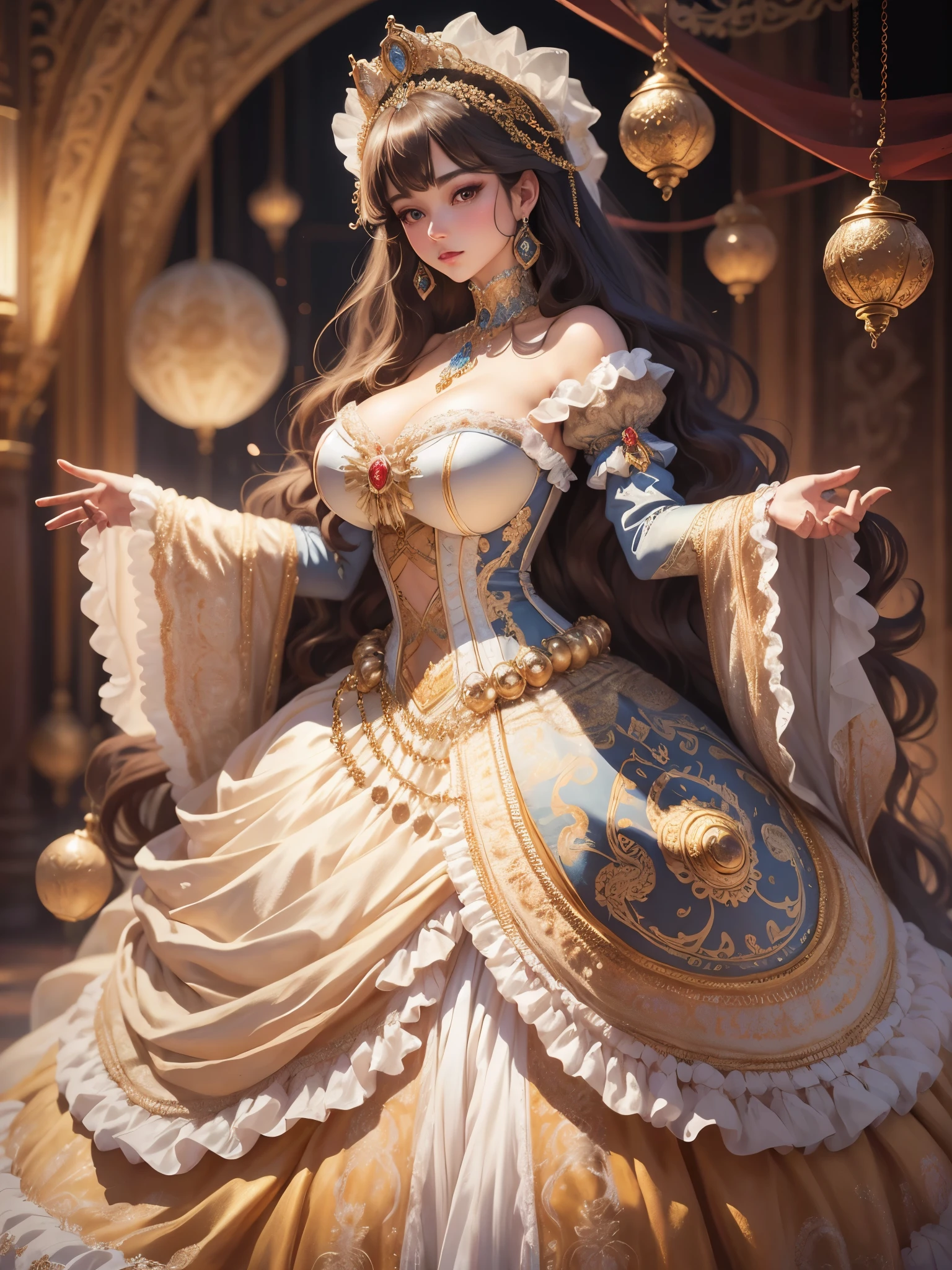 ((moe anime artstyle)),((Masterpiece)),(Best Quality), (Super Detail),((Very Delicate and Beautiful)),((Solo)),full body,(((full body))),((1 bling-bling cute princess in beautiful embroidery and jeweled gorgeous rococo ball gown with voluminous full-length hoop skirt)),(((absurdly gigantic tits))),((cleavage,curvy)),Skindentation,((detailed face and eyes)),jewel-like eyes,((crinoline,long train)),((standing in the royal palace)),super detailed gorgeous rococo ball gown with voluminous full length hoop skirt and long train,(((super detailed bling-bling gorgeous rococo ball gown with beautiful embroidery and jeweled))),((large amount of straight hair, absurdly long hair,Very Long Straight Hair)),extremely gorgeousfull hair ornament,(bling-bling extremely gorgeous jeweled tiara),luxurious jewelry,full body,((super detailed beautiful embroidery and jeweled gorgeous ball gown with voluminous full-length hoop skirt))