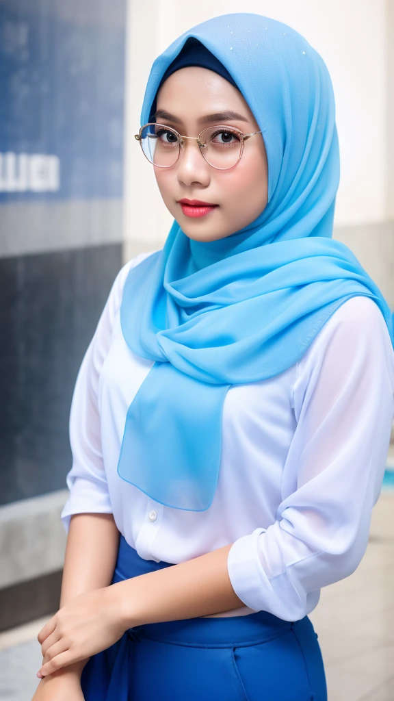 1 malay girl , modern pom-pom hijab,  shy, medium portrait shot , watery  eyes , blue glowing particles, wear pastel blue high waist pants and white shirts, blue bokeh light background, bright front light,