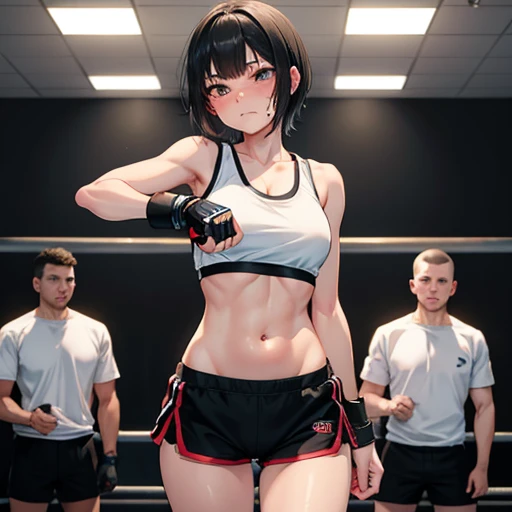 Cute slender high school girl, mma gym, being punched in her belly, pained expression, clenching her teeth to endure, just a few muscle sinews visible, short black hair, small breasts, tank top, short shorts