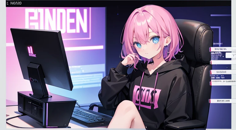 girl black and pink hair long blue eyes Black hoodie 1Input data by looking at the computer screen Sit in a gaming chair