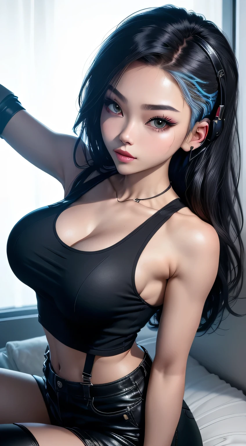 sfw, ((lying on bed top view)), there a woman sitting on a bench with headphones on, cute casual streetwear, photo of slim girl model, wearing cyberpunk streetwear, wearing a black cropped tank top, korean women's fashion model, all black cyberpunk clothes, cyberpunk streetwear, y 2 k style, y2k style, ulzzang, photo of slim girl, overalls, cute girl wearing tank suit, wearing bra,((skinny waist)), young asian girl, ((big breasted)),