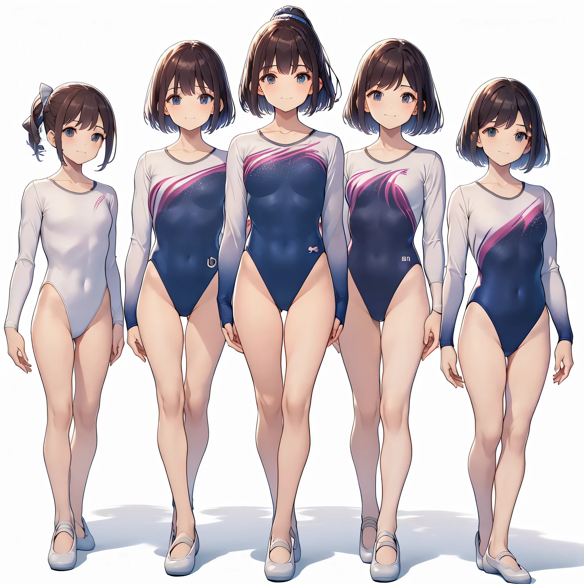 Gymnastics club,(4 girls:1.3),(long sleeves leotard:1.3),full body, bob cuts hair, long hair, (over ************, under 19 years old:1.2), ballet shoes, white background
