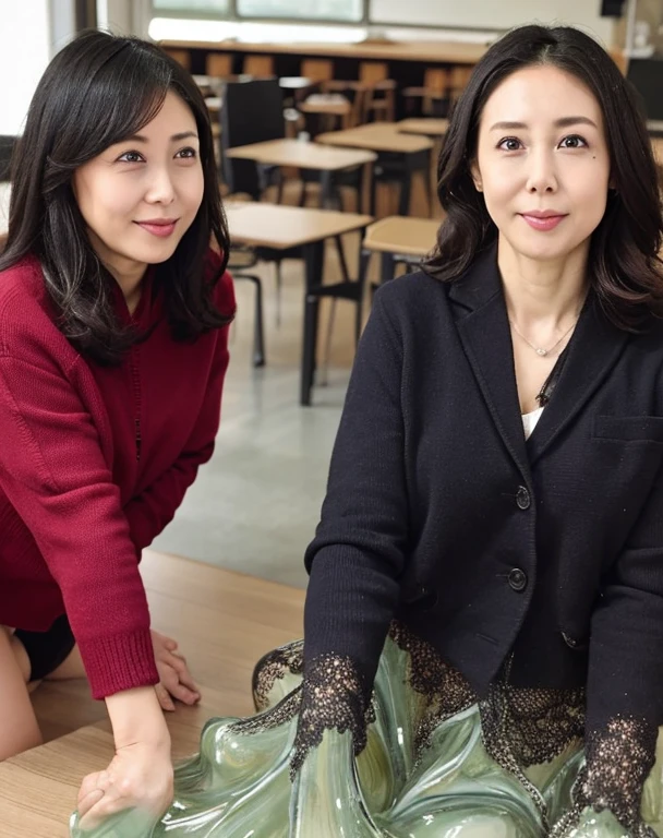 Open your clothes,Open knitted sweater jacket,(Big boobs:1.2),cleveage,looking at the audience, wearing black underwear、pantyhose、cleveage,Long hair ,Pretty Face,cute appearance,Be confident,There are many maple leaves,autumn,40 year old teacher,In the classroom、Perfect body,Slime Shapeshifter