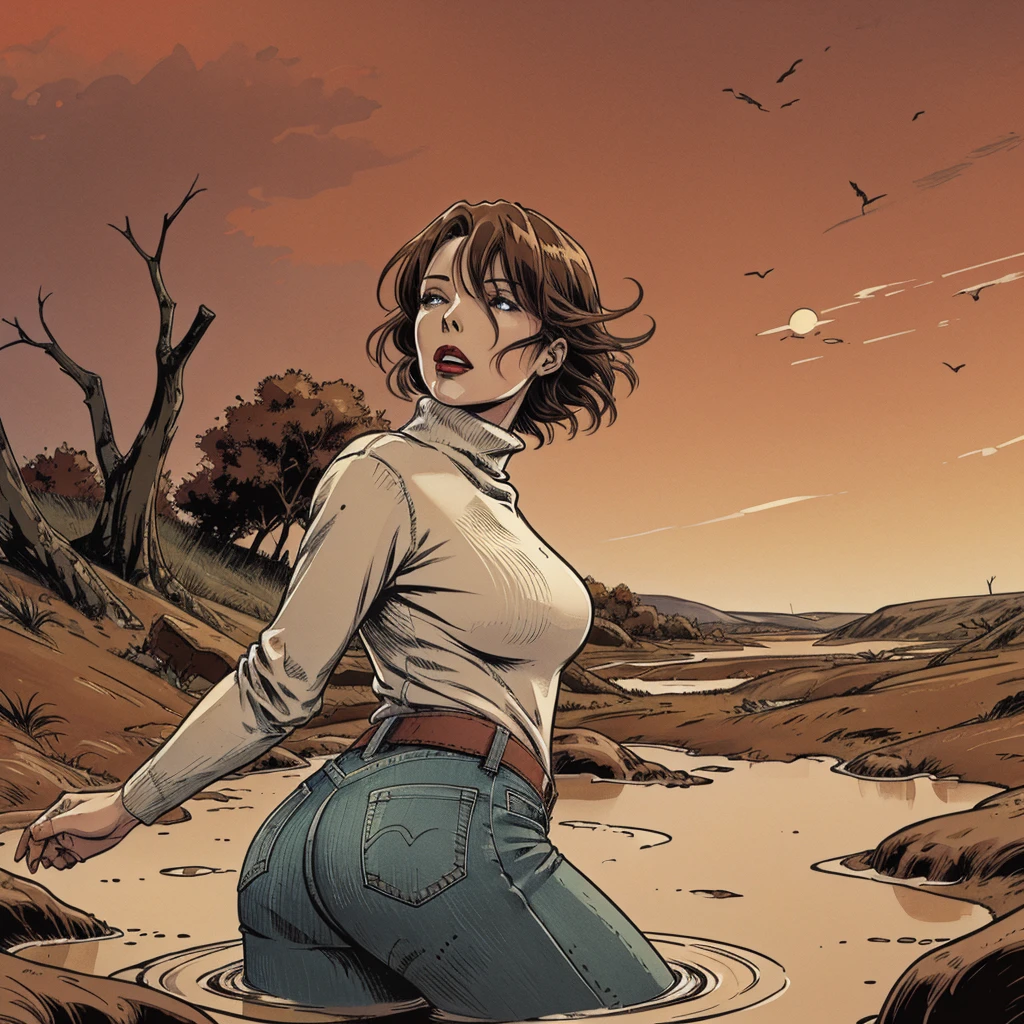 vector image, anime, mature woman, gloomy orgasm, turtleneck and jeans, drowning in the middle of quicksand bog,red,sky, red lips, turns around, from side view